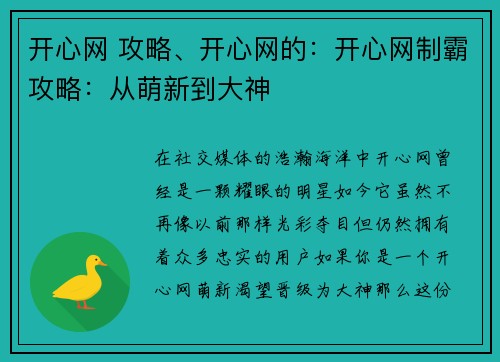 开心网 攻略、开心网的:开心网制霸攻略:从萌新到大神